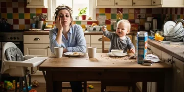 “tired parent in messy kitchen with toddler throwing porridge at wall, morning chaos, soft natural light, realistic parenting scene”