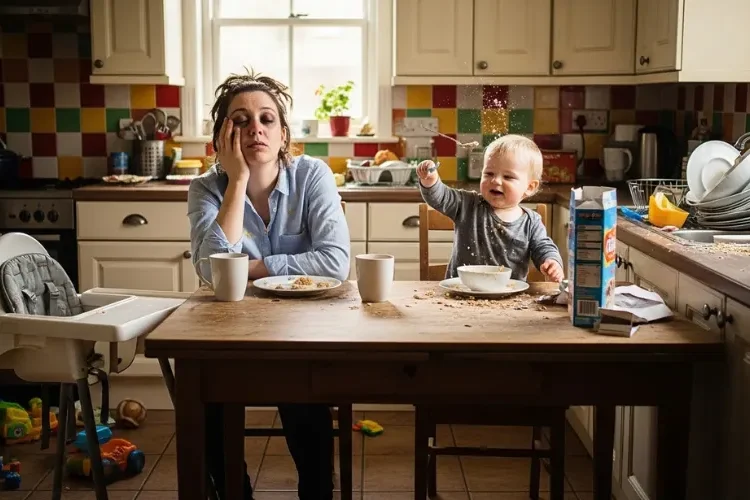 “tired parent in messy kitchen with toddler throwing porridge at wall, morning chaos, soft natural light, realistic parenting scene”