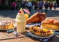, table filled with Disney food like Dole Whip, turkey leg, lobster roll, cinnamon roll, and chili cheese fries, bright colors, sunny day, people walking in background, cinematic travel photography, high detail, magazine editorial style”rustic table, natural light, authentic food photography