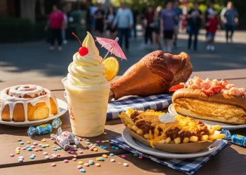 , table filled with Disney food like Dole Whip, turkey leg, lobster roll, cinnamon roll, and chili cheese fries, bright colors, sunny day, people walking in background, cinematic travel photography, high detail, magazine editorial style”rustic table, natural light, authentic food photography