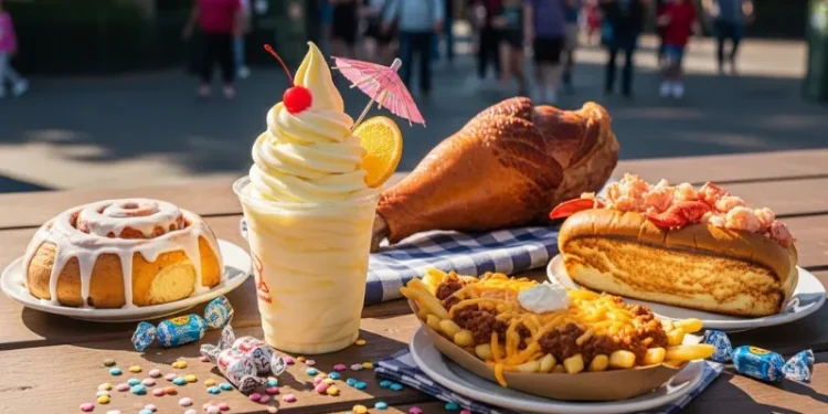 , table filled with Disney food like Dole Whip, turkey leg, lobster roll, cinnamon roll, and chili cheese fries, bright colors, sunny day, people walking in background, cinematic travel photography, high detail, magazine editorial style”rustic table, natural light, authentic food photography