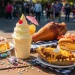 , table filled with Disney food like Dole Whip, turkey leg, lobster roll, cinnamon roll, and chili cheese fries, bright colors, sunny day, people walking in background, cinematic travel photography, high detail, magazine editorial style”rustic table, natural light, authentic food photography