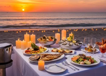 “Tropical Aruba beach sunset, luxury dining table on sand with candles, seafood dishes, ocean waves