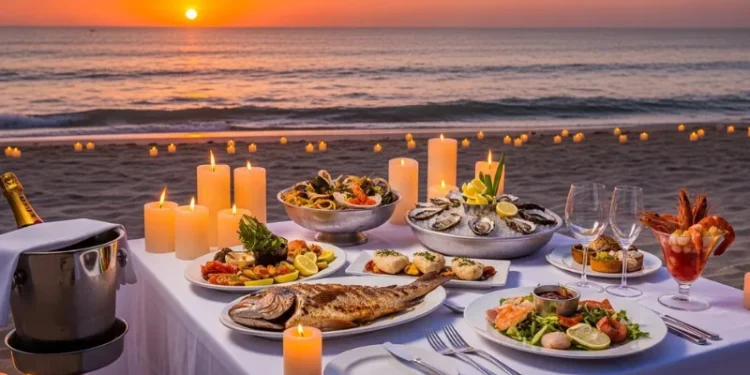 “Tropical Aruba beach sunset, luxury dining table on sand with candles, seafood dishes, ocean waves