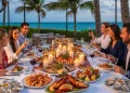 Aruba island, luxury dining table with candles, seafood dishes, Outdoor patio dining, relaxed dining scene.couples sitting