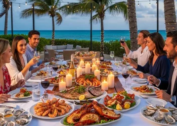 Aruba island, luxury dining table with candles, seafood dishes, Outdoor patio dining, relaxed dining scene.couples sitting