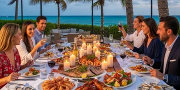 Aruba island, luxury dining table with candles, seafood dishes, Outdoor patio dining, relaxed dining scene.couples sitting