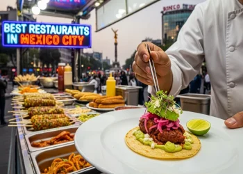 Mexico City street food scene with tacos, chef plating fine dining dish, vibrant city background