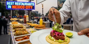 Mexico City street food scene with tacos, chef plating fine dining dish, vibrant city background