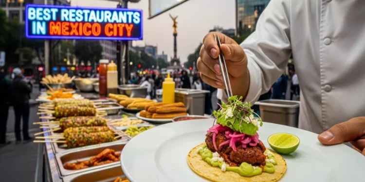 Mexico City street food scene with tacos, chef plating fine dining dish, vibrant city background