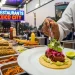 Mexico City street food scene with tacos, chef plating fine dining dish, vibrant city background