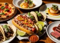 “Phoenix Arizona food collage, Sonoran hot dog, tacos, fine dining dish, pizza, steak, vibrant colors, editorial magazine style, high detail” rustic table, natural light, authentic food photography