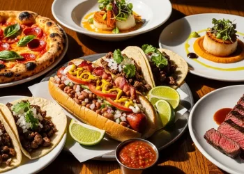 “Phoenix Arizona food collage, Sonoran hot dog, tacos, fine dining dish, pizza, steak, vibrant colors, editorial magazine style, high detail” rustic table, natural light, authentic food photography