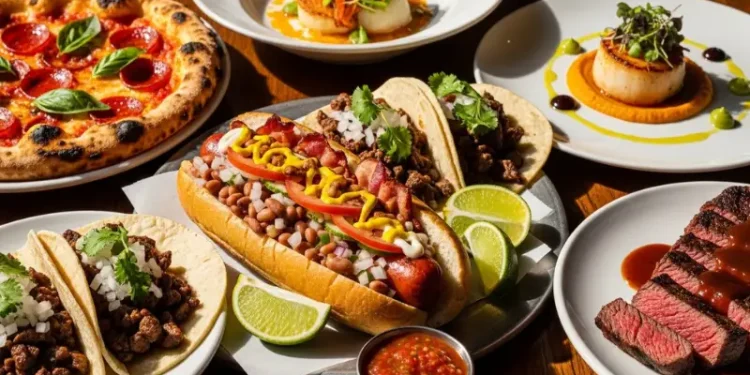 “Phoenix Arizona food collage, Sonoran hot dog, tacos, fine dining dish, pizza, steak, vibrant colors, editorial magazine style, high detail” rustic table, natural light, authentic food photography