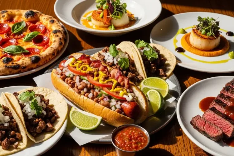 “Phoenix Arizona food collage, Sonoran hot dog, tacos, fine dining dish, pizza, steak, vibrant colors, editorial magazine style, high detail” rustic table, natural light, authentic food photography