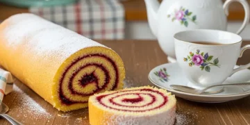 “Golden spiral jelly roll cake dusted with sugar, sliced to show jam swirl, soft natural light, rustic kitchen table, tea setting, high detail food photography”
