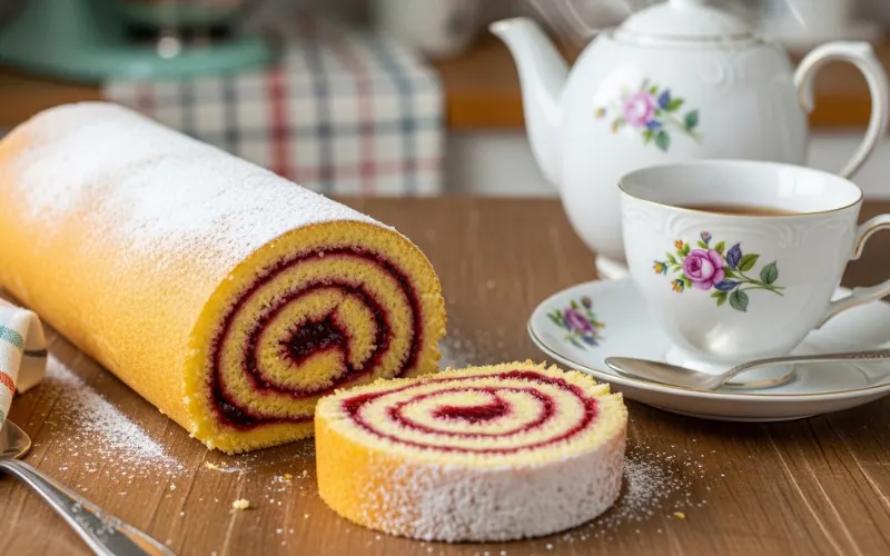 “Golden spiral jelly roll cake dusted with sugar, sliced to show jam swirl, soft natural light, rustic kitchen table, tea setting, high detail food photography”