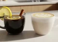 “Close-up of two coffee cups side by side, one with lemon slice and cinnamon, one creamy collagen coffee, modern kitchen, soft natural light, aesthetic food photography, high detail”