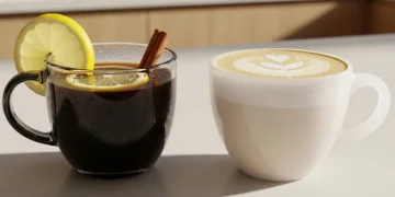 “Close-up of two coffee cups side by side, one with lemon slice and cinnamon, one creamy collagen coffee, modern kitchen, soft natural light, aesthetic food photography, high detail”