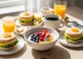 Healthy fast food breakfast spread on table, egg muffins, porridge, coffee, clean aesthetic, morning light, realistic, high detail, editorial food photography