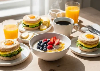 Healthy fast food breakfast spread on table, egg muffins, porridge, coffee, clean aesthetic, morning light, realistic, high detail, editorial food photography
