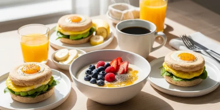 Healthy fast food breakfast spread on table, egg muffins, porridge, coffee, clean aesthetic, morning light, realistic, high detail, editorial food photography
