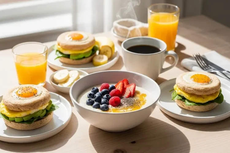 Healthy fast food breakfast spread on table, egg muffins, porridge, coffee, clean aesthetic, morning light, realistic, high detail, editorial food photography