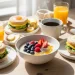Healthy fast food breakfast spread on table, egg muffins, porridge, coffee, clean aesthetic, morning light, realistic, high detail, editorial food photography