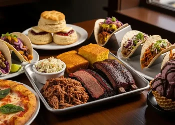 “Vibrant food collage of Knoxville Tennessee featuring Southern BBQ, biscuits, gourmet tacos, pizza, and ice cream on a rustic wooden table, warm natural lighting, lively downtown street vibe in background, cinematic food photography”