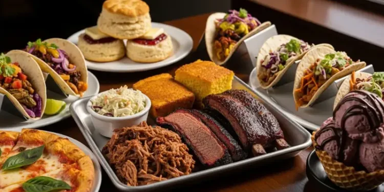 “Vibrant food collage of Knoxville Tennessee featuring Southern BBQ, biscuits, gourmet tacos, pizza, and ice cream on a rustic wooden table, warm natural lighting, lively downtown street vibe in background, cinematic food photography”