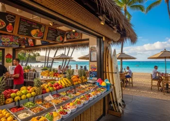 Honolulu food shop, tropical beach background.