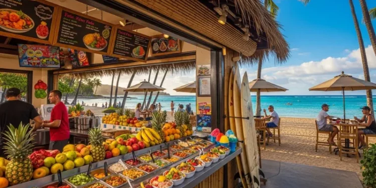 Honolulu food shop, tropical beach background.
