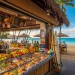 Honolulu food shop, tropical beach background.